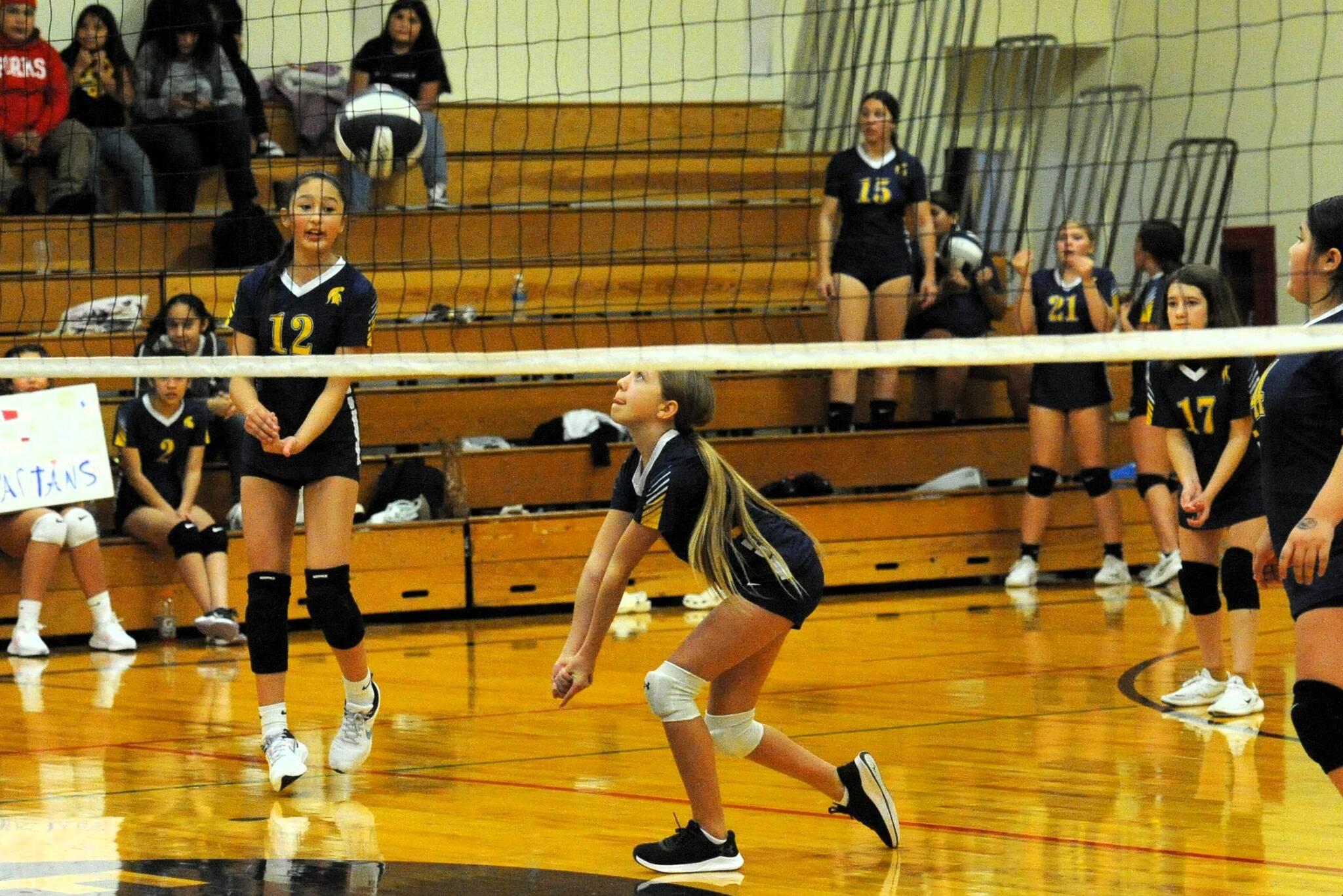 The Forks 7th grade volleyball team defeated Blue Heron 3 to 0. The 7th graders from left are Olivia Black (12), Lillian Crippen (1), Raven Sherman (17), and Ileana Salazar (44), The FMS 8th grade also defeated Blue Heron 3 to 0. Photo by Lonnie Archibald