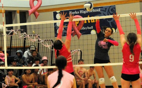 With Spartans rooters looking on, Avery Dilley hits against the Fishermen who Forks defeated in three sets at home on October 24. Photo by Lonnie Archibald