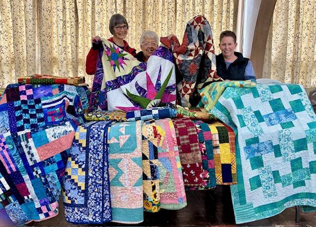 Piecemakers Quilt Club sent 17 quilts and three afghans to Ashville, North Carolina for victims of the recent hurricane. Piecemakers Quilt Club is an educational group that meets the second Thursday of the month at 6:30 p.m. in the First Congregational Church on Spartan Avenue. New members are always welcome.
Pictured with the quilts are Cindy Mesenbrink, Karla Lewis, and Connie Sallee. Submitted photo