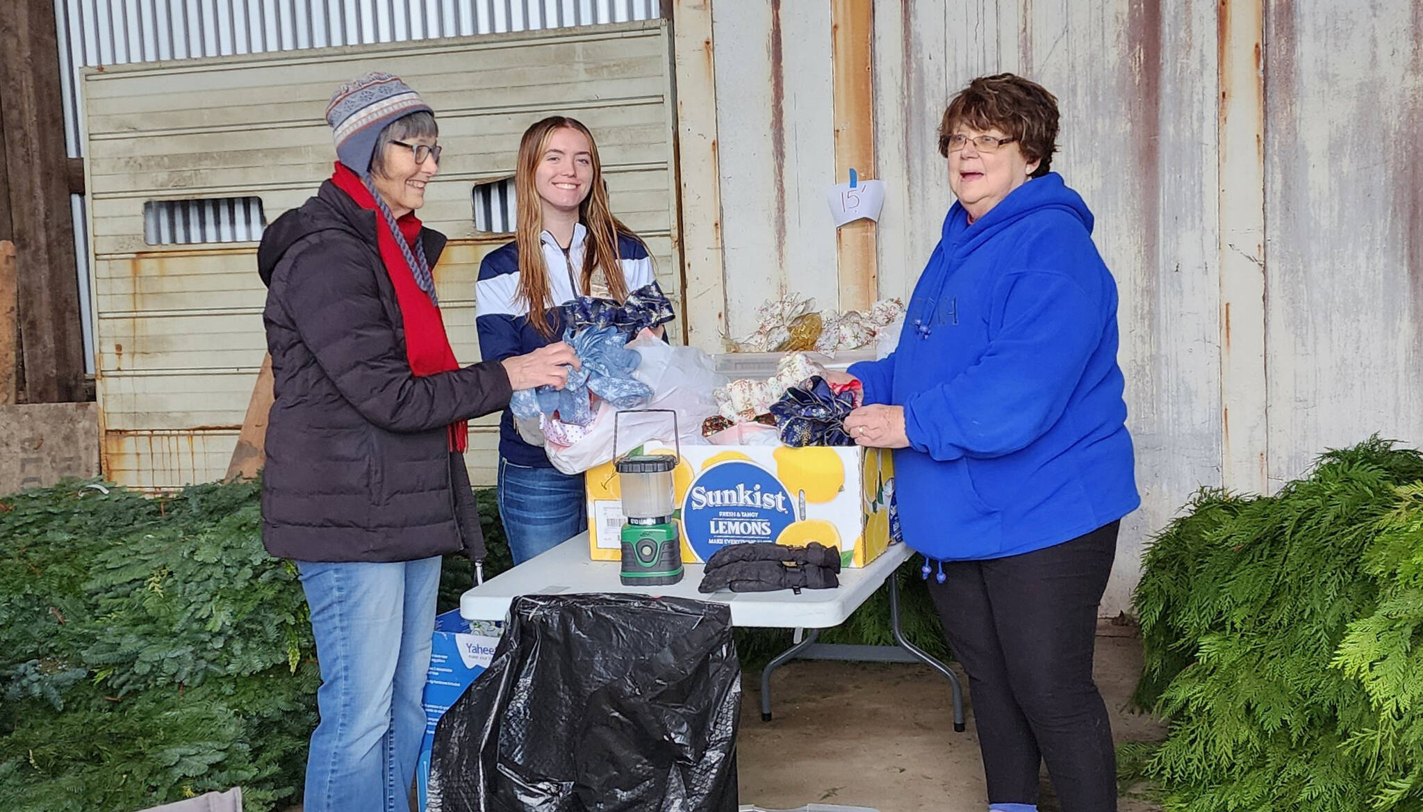 Cindy Mesenbrink and Diane Edwards of Soroptimist, with volunteer honor student Aliya Gillett of FHS, were at Pacific Forest Managements garage on Sol Duc Way Friday Nov. 22, to deliver wreath orders, as part of Festival of Trees. Shown here fluffing the bows! Photo by Katie Krueger