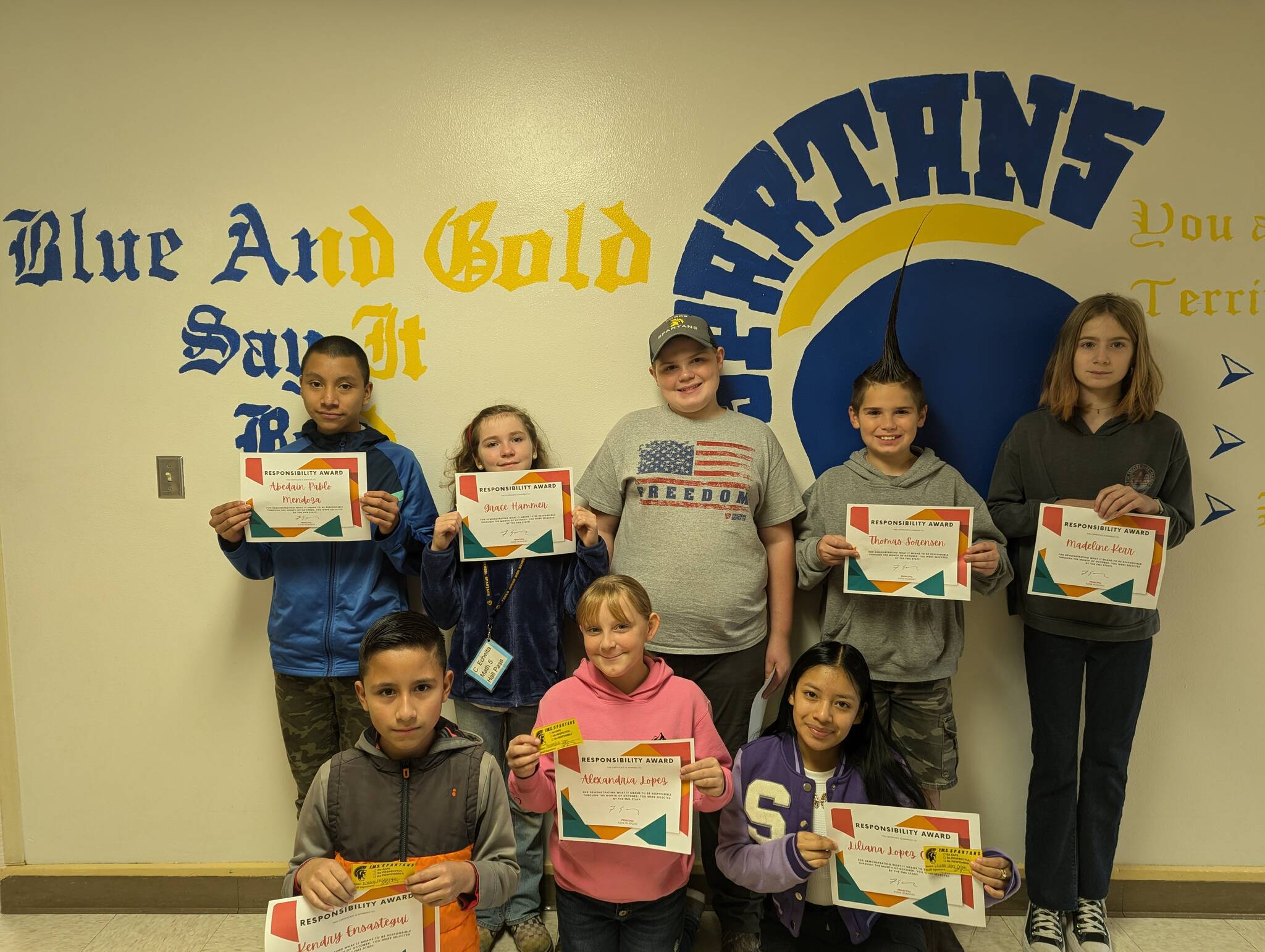 These students earned the Character Strong Responsibility Award in October. Students were chosen by Forks Middle School faculty for demonstrating responsibility by taking action and following through. They understand the impact of their choices and decisions.
Kudos to them and their families for being exemplary students at Forks Middle School. Students are: Back Row- Abedain Pablo Mendoza, Grace Hammer, Joey Sorensen, Tommy Sorensen; Front Row: Kendry Ensastegui, Alexandria Lopez, Liliana Lopez Calmo.