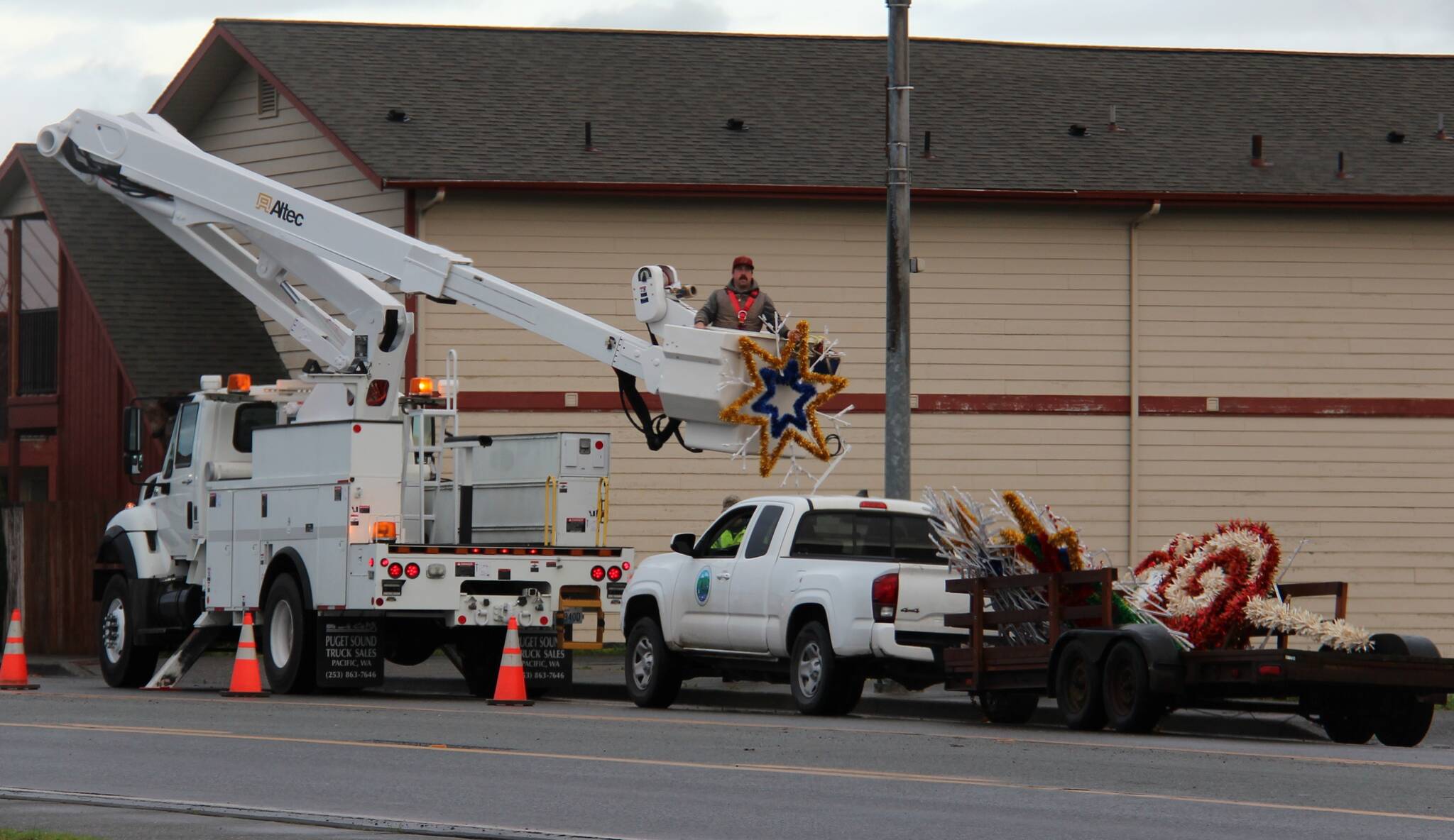 The City of Forks Crew installed the new West End Business and Professional Association Christmas decorations on Monday, November 25! New decorations were purchased with a City of Forks lodging tax grant. Photo Christi Baron