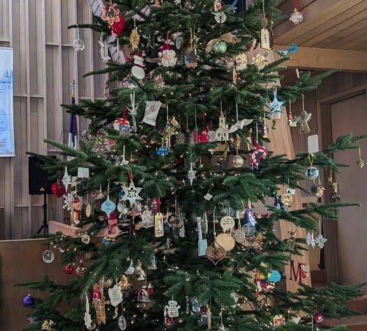 <p>The Longest Night tree is set and decorated in the Congregational Church Sanctuary. “Thank you Ken and Darlene Olson for sharing your lovely trees with us every year!” </p>
                                <p>“During our Longest Night service community members will have a chance to add ornaments in memory of their loved ones.”</p>