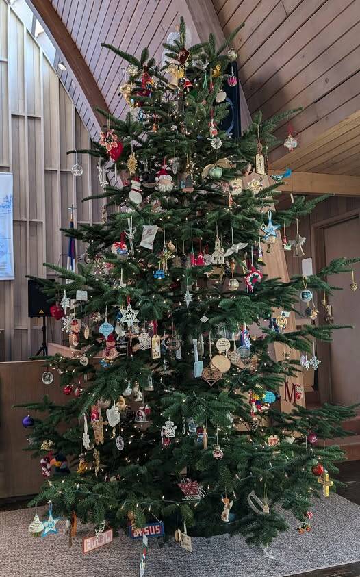 The Longest Night tree is set and decorated in the Congregational Church Sanctuary. “Thank you Ken and Darlene Olson for sharing your lovely trees with us every year!” 
“During our Longest Night service community members will have a chance to add ornaments in memory of their loved ones.”