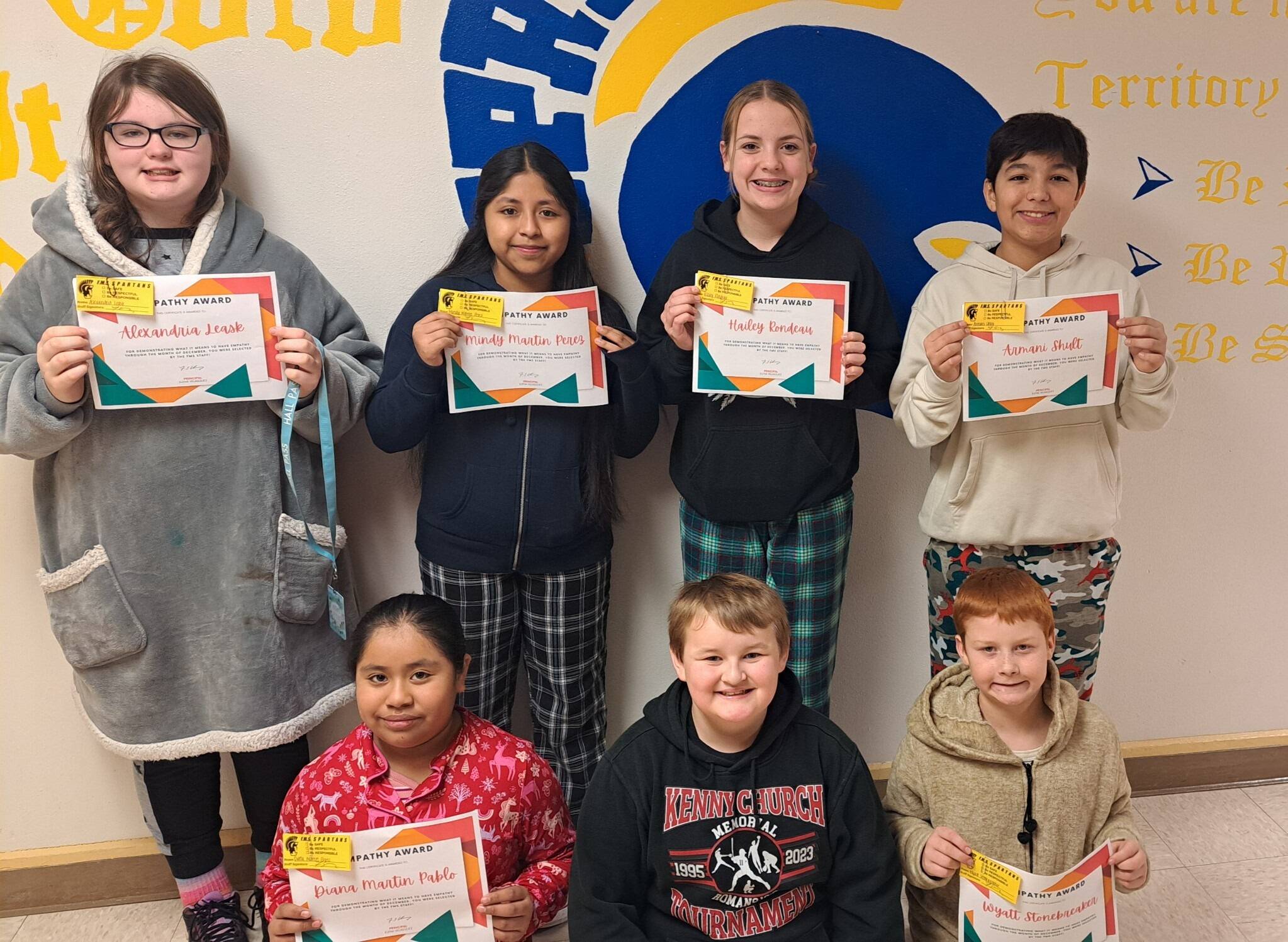 Submitted photo
These students pictured were nominated by FMS staff for going above and beyond in demonstrating empathy towards peers and faculty. They consistently work to understand and connect to other people’s feelings.
Those students recognized for December are Alex Leask, Mindy Martin Perez, Hailey Rondeau, Armani Shult, Diana Martin Pablo, Bryson Jakshaw and Wyatt Stonebreaker. Not pictured: Miken Guerrero-Estrada.