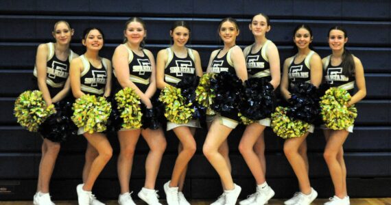 Photo by Lonnie Archibald
Cheering for the boys and girls basketball teams this season are from left, Taylor Ferro, Alyna Horjasie, Kaylee Roberts, Kylee Leppell, Aliyah Gillett, Adera Theil, Danikka King, and Libby Owen. Not pictured are Leilee Earls, Jaidyn Hoban, and Chloe Sullivan.