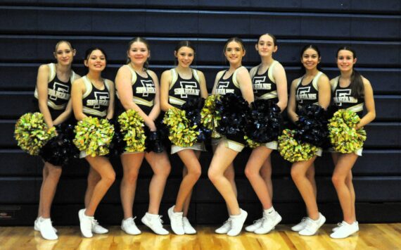 Photo by Lonnie Archibald
Cheering for the boys and girls basketball teams this season are from left, Taylor Ferro, Alyna Horjasie, Kaylee Roberts, Kylee Leppell, Aliyah Gillett, Adera Theil, Danikka King, and Libby Owen. Not pictured are Leilee Earls, Jaidyn Hoban, and Chloe Sullivan.