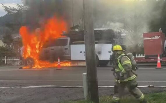 First responders were kept busy last Thursday morning when shortly after a log truck wreck south of town a call came in for a vehicle fire in the 1100 block of Calawah Way. PUD crews were setting up for an ongoing pole replacement project when a passerby spotted flames under the vehicle. CCFPD#1 responded and quickly knocked down the flames. The truck appeared to be a total loss.
Photo/screenshot from video by Lucas Larson