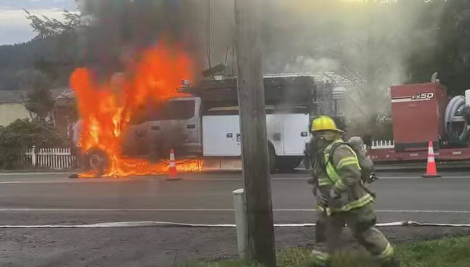 First responders were kept busy last Thursday morning when shortly after a log truck wreck south of town a call came in for a vehicle fire in the 1100 block of Calawah Way. PUD crews were setting up for an ongoing pole replacement project when a passerby spotted flames under the vehicle. CCFPD#1 responded and quickly knocked down the flames. The truck appeared to be a total loss.
Photo/screenshot from video by Lucas Larson