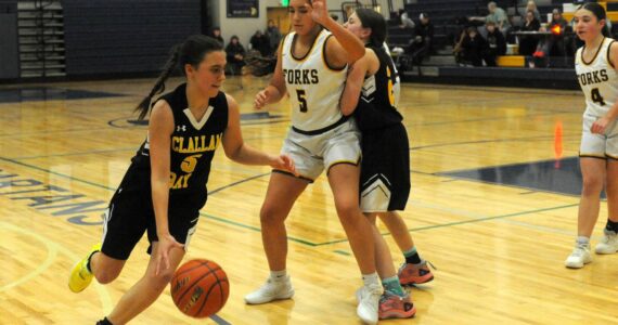 Photo by Lonnie Archibald
Bruin Kaleeka Mendoza McCarty drives around Spartan Peril Salazar while Bruin Helen Smathers sets a screen. Looking on is Spartan Kylie Hull (4). The Forks JV’s defeated Clallam Bay 37 to 23 prior to the Forks vs Ilwaco game January 6 in the Spartan Gym.