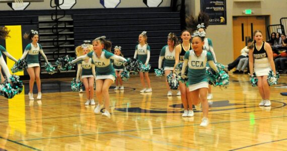 Photos by Lonnie Archibald
These young cheerleaders from the Coastal Cheer Academy performed at halftime during the Forks Boys vs Chief Leschi game on Thursday, Jan. 16 in the Spartan Gym. The group has been busy, also traveling to cheer competitions around the area.