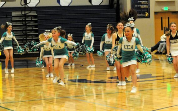 Photos by Lonnie Archibald
These young cheerleaders from the Coastal Cheer Academy performed at halftime during the Forks Boys vs Chief Leschi game on Thursday, Jan. 16 in the Spartan Gym. The group has been busy, also traveling to cheer competitions around the area.