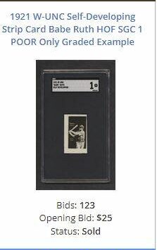 The tag from the auction shows that the Babe Ruth card went for over $15,000.