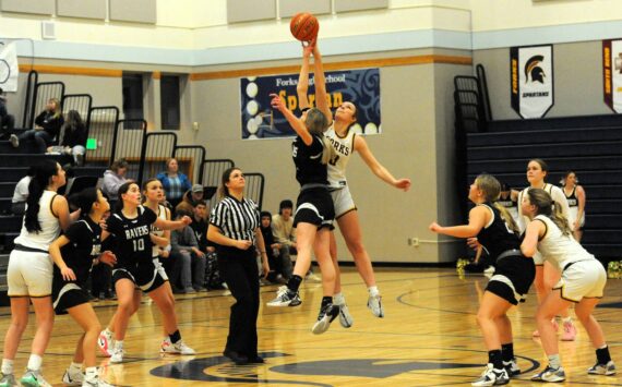 Photo by Lonnie Archibald
Forks’ Avery Dilley jumps against Raymond South Bend in the Spartan gym where the Ravens outlasted the Spartans by way of a 54 to 47 score in Pacific 2B league action. Forks had defeated the Ravens earlier in the season on the Ravens home cout but this contest was reversed as too many turnovers and fouls hampered the Spartan’s chance to win this hard-fought contest, especially in the first half of play. Other Spartans from left are Chloe Gaydeski, Karee Neel, Fynlie Peters, and Bailey Johnson.