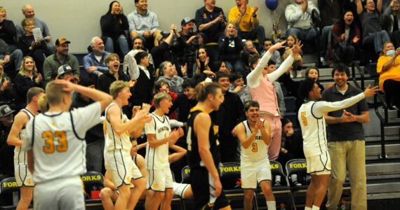 Photo Lonnie Archibald
Forks began celebrating when the final horn sounded giving the Spartans a win and the PAC 2B league championship as they defeated North Beach Friday night Jan. 31 at home. Among the group are seniors Kyle Lohrengel (1) and DeAnthony Davila (3). Spartan seniors were also honored during the game. More photos page 3.