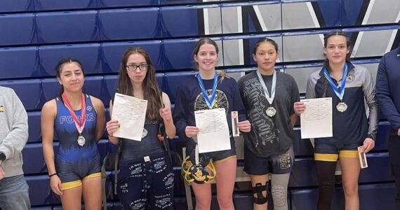 Photo Laci Johnson
(L-R) Coach Daniel Frishkorn, Lilly Galeana -2nd, Flora Horejsi - 1st, Peyton Johnson -1st, Larayne Blair- 3rd, Jade Blair - 1st, and coach James Salazar.	Not pictured - Kinley Rondeau who placed 1st.