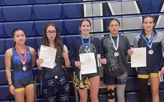 Photo Laci Johnson
(L-R) Coach Daniel Frishkorn, Lilly Galeana -2nd, Flora Horejsi - 1st, Peyton Johnson -1st, Larayne Blair- 3rd, Jade Blair - 1st, and coach James Salazar.	Not pictured - Kinley Rondeau who placed 1st.