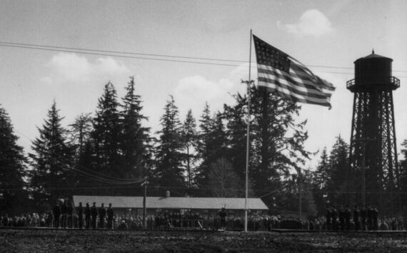 Dobyns collection
The Naval Auxiliary Air Station (NAAS) Quillayute was dedicated in 1944. The station was used as a training center and coastal patrol station during World War II. Photo of the dedication day.