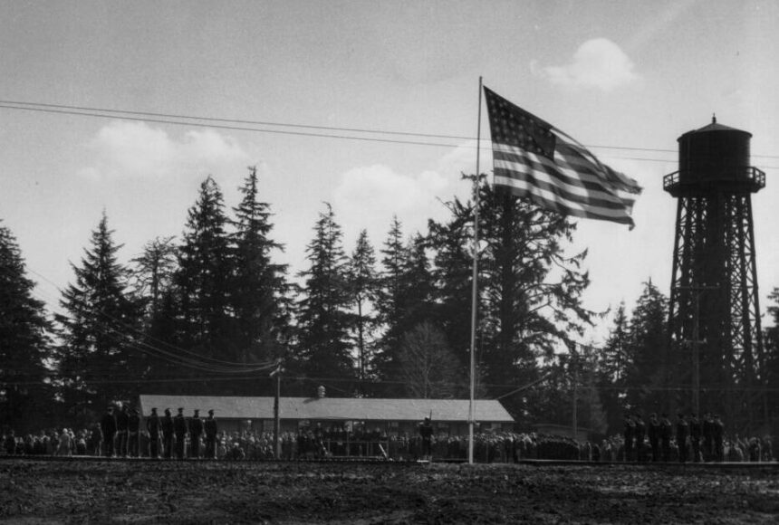 <p>Dobyns collection</p>
                                <p>The Naval Auxiliary Air Station (NAAS) Quillayute was dedicated in 1944. The station was used as a training center and coastal patrol station during World War II. Photo of the dedication day.</p>