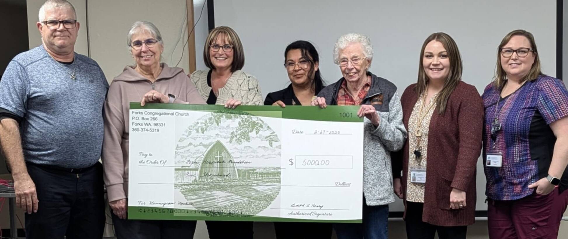 Submitted photo
The Forks Congregational Church recently presented $5,000 to the Forks Hospital Foundation to go towards the purchase of a new mammogram machine. Pictured are Pastor Warren Johnson, foundation members Dawn Harris, Heidi Anderson, Angelica Almazan Luna; Congregational Church member Lois Richmond, and foundation members Shilo Salsgiver, and Amy Wood.