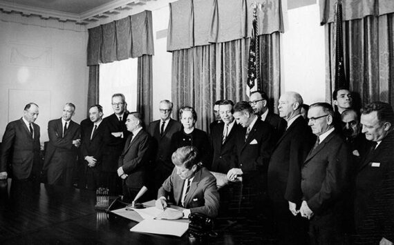 Courtesy John F. Kennedy Presidential Library and Museum
President John F. Kennedy signing legislation that allocated funds for new community mental health centers, photograph by Abbie Rowe, 1963.