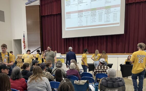 Photo Christi Baron
Elliott Mann auctions off firewood, Lanie’s no-bakes, Ty’s “apple pie,” and more on Saturday afternoon at the 61st annual Quillayute Valley Scholarship auction at the FHS commons. Mann was just one of a number of community members who volunteered their time Saturday and Sunday auctioning off 900 plus items. Saturday saw a new one day record of $75,00 set, and a new all-time record, as of Monday morning, of $218,002 after adding in the cash donations that were received.